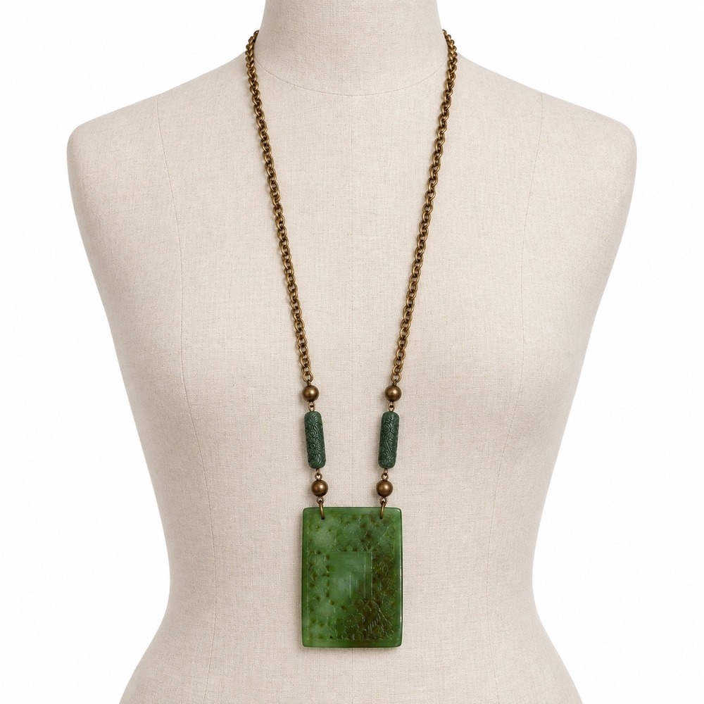Vintage Resin Pendant Necklace Green Carved Floral Brass Tone Chain